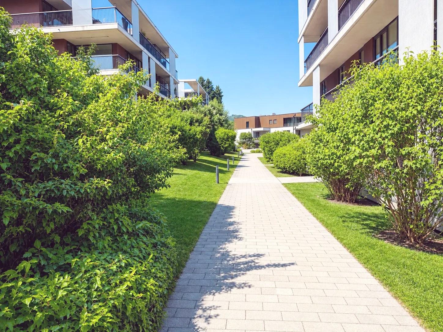 Begrünter Weg zwischen den Parkvillen